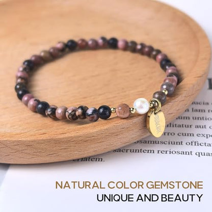 4mm Natural Gemstone Beads Stretch Bracelet for Women, With Freshwater Pearls, Energy Gem Birthday Gift for Her 7.2” - color: Rhodonite