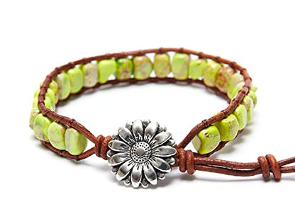 7 Chakra Bracelet Bohemian Handmade Leather Wrap Healing Protection Natural Stone Yoga Beaded Bracelets Boho Friendship Jewelry - color: Green Turquoise