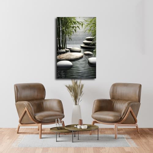 Zen Garden Wall Art With Bamboo And Stones - Tranquil Water Scene Poster Aesthetic Canvas Wall Art Modern Decor Poster for Living Room, Office, Bedroom Home Posters (20×30inch Framed) - size: 20×30inch Framed