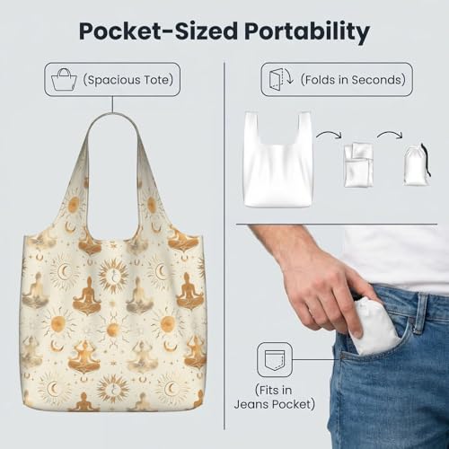 Yoga Meditation (11) For Foldable Shopping Bag, Washable Storage Tote For Work And Travel