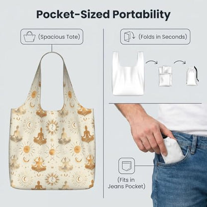 Yoga Meditation (11) For Foldable Shopping Bag, Washable Storage Tote For Work And Travel