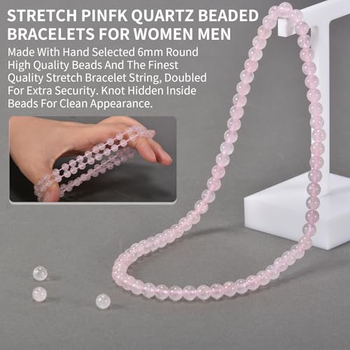 14in Agate Wrap Bracelet for Women Men Natural Round Beaded Agates Stone Healing Stretch Bracelets Elastic Handmade Polished Gemstone Beads Bracelet - color: Pink Quartz, size: 6mm Beads