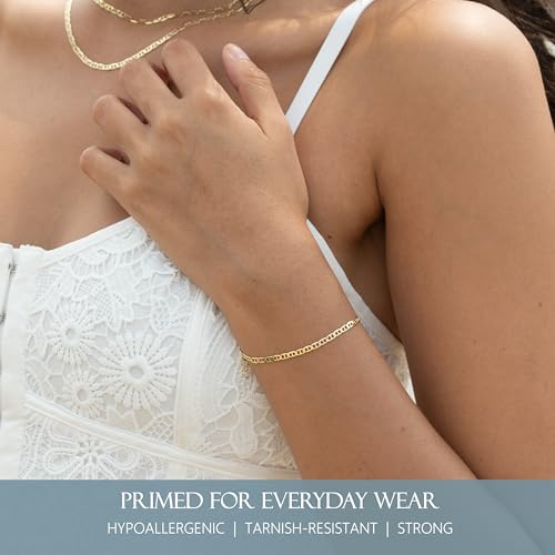 KISPER 18K Gold Plated 925 Sterling Silver Chain Bracelets for Women, Waterproof Tarnish Resistant, Curb/Rope/Figaro/Mariner Link Bracelet, 6.5, 7, 8, 9 Inch - size: 9 inches (large), style: Mariner