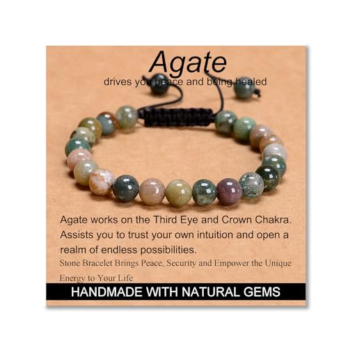 MASSIVE BEADS Handmade Yoga Natural Stone Crystal Healing Power Energy Gifts for Unisex Adult Bracelet Macrame Adjustable - color: Indian Agate(Peaceful), size: 8mm