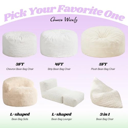 Hobestluk 3 in 1 Bean Bag Chair Giant Bean Bag Chairs for Adults with Bubble Cover Convertible Bean Bag Floor Cushion with Machine Washable Cover for Living Room (Bubble White) - color: Eider White
