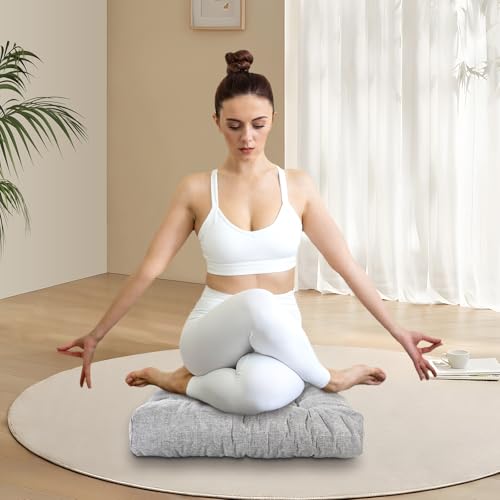Meditation Floor Cushions Set of 2, Thickened Floor Pillow for Adults, Large Square Pillows Seat Cushion for Tatami Living Room Yoga, Memory Sponge Block Added, 22x22 Inch, Grey