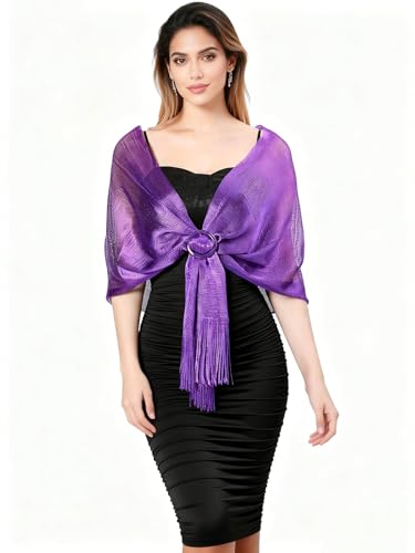 Sumolux Shawls Wraps for Evening Dresses Metallic Glitter Shawls Scarf for Women Sparkling Wedding with Free Buckle - color: Deep Purple