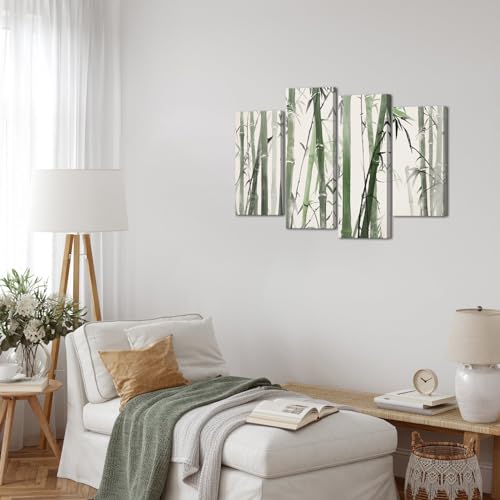 Biuteawal 4 Panels Bamboo Canvas Wall Art Chinese Painting of Bamboo Forest Nature Picture Print Green Zen Artwork for Meditation Spa Yoga Room Bedroom Decor Ready to Hang