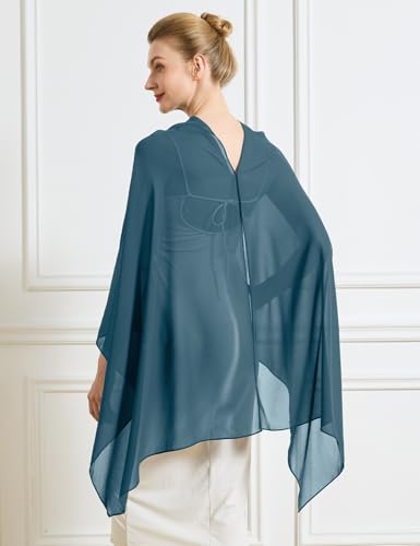 Chiffon Cape Shawl Wrap Scarf 3 Ways to Wear Elegant Sheer Capelet for Evening Dresses Weddings Parties - color: Ink Blue