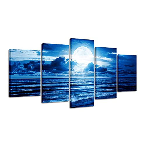 Pyradecor Extra Large Blue Clouds 5 Panels Moon Sea Beach Canvas Wall Art Modern Landscape Canvas Prints Pictures Artwork for Living Room Bedroom Home Decorations - size: 16x24inchx2pcs,16x32inchx2pcs,16x40inchx1pc
