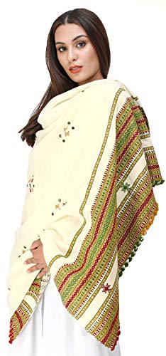Exotic India Shawl from Kutch with Embroidered Bootis and Mirrors - Wool - color: Vanilla Custard