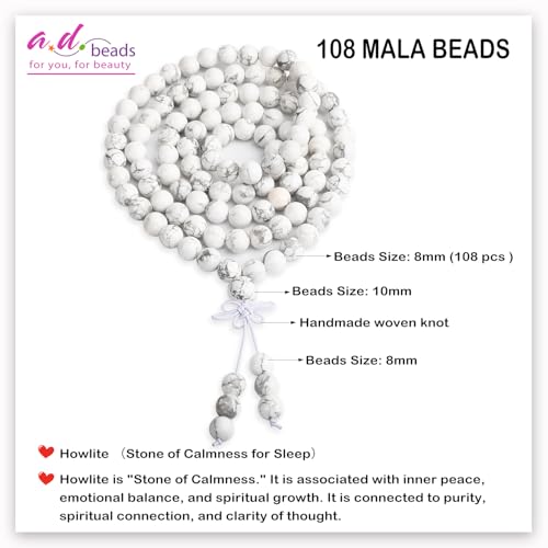 AD Beads 6mm 8mm 108 Prayer Mala Jasper Elastic Bracelet - Handmade Yoga Meditation Healing Power Energy Gifts for Unisex Adult. - color: Howlite(Calmness)