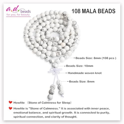 AD Beads 6mm 8mm 108 Prayer Mala Jasper Elastic Bracelet - Handmade Yoga Meditation Healing Power Energy Gifts for Unisex Adult. - color: Howlite(Calmness)