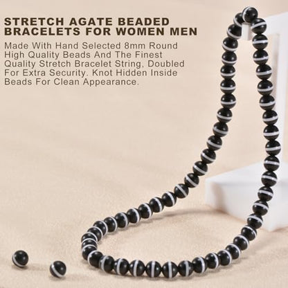 14in Agate Wrap Bracelet for Women Men Natural Round Beaded Agates Stone Healing Stretch Bracelets Elastic Handmade Polished Gemstone Beads Bracelet - color: Black White-2 Agate, size: 8mm Beads