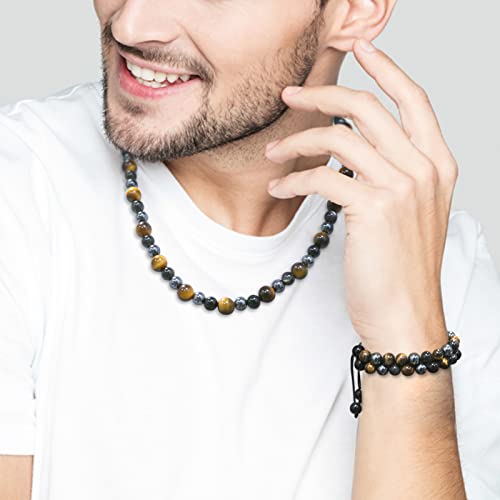 Men Tiger Eye Beaded Necklace Triple Protection Bracelet Jewelry Sets Hematite Black Obsidian Healing Crystal Stone Chakra Necklace for Women