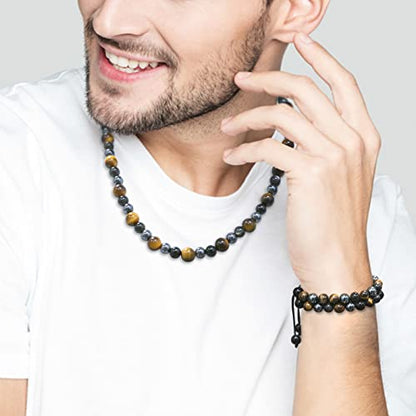 Men Tiger Eye Beaded Necklace Triple Protection Bracelet Jewelry Sets Hematite Black Obsidian Healing Crystal Stone Chakra Necklace for Women