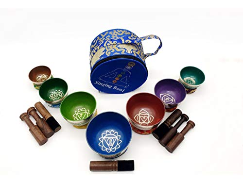 Nepal-Chakra Singing Bowl Set of 7 - Handcrafted Tibetan Sound Healing Bowls Gift Set Includes Carry Bag Seven Colors Cushion Mallet (7 Pcs)