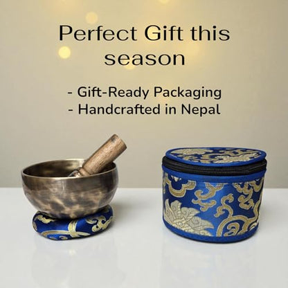 4.5 inch Handmade Tiger Antic Singing Bowl Set - Includes Wooden Mallet, Cushion & Gift Case - Handmade Sound Healing Bowl Set for Yoga, Mindfulness & Spring Meditation - Made in Nepal