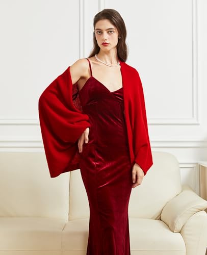 Huralona Women's Open Front Wool Shawl Wrap Scarf with Sleeves Outer Warm Knitted Poncho Cape Fall Winter - color: Dark Red