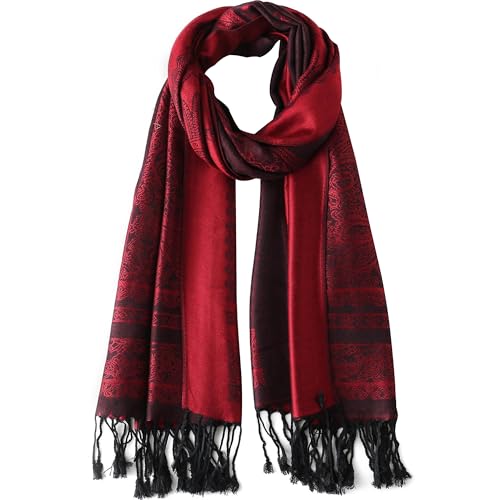Ciormis Two Tone Silky Paisley Pashmina Shawl Scarf,Soft Women's Rave Jacquard Pashminas Wrap Scarves - color: M#. Burgundy Paisley