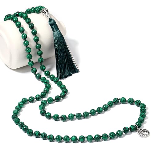 108 Mala Beads Necklace Semi-Precious Gem Stones Meditation Necklace 108 Hand Knotted Japa Mala Beaded Tassel Necklace with Tree of Life Pendant - color: Green Peafowl