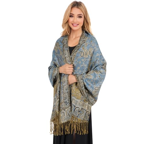 MUQU Women Pashmina Shawls and Wraps Scarf Soft Silky Reversible Paisley Scarves Shawl for Women - color: Denim Blue