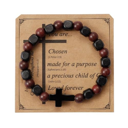 MILAKOO Wooden Bracelet with Black Stainless Steel Cross Charms Bead Christian Gifts for Women Men - color: D3