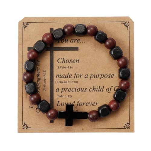 MILAKOO Wooden Bracelet with Black Stainless Steel Cross Charms Bead Christian Gifts for Women Men - color: D3