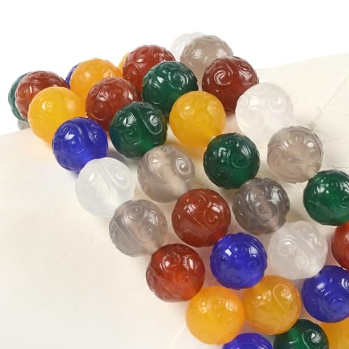 Justinstones Gem Semi Precious Gemstone 10mm Round Beads Stretch Bracelet 7 Inch Unisex - color: Multicolor Agate Carved Auspicious Cloud
