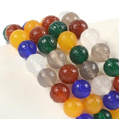 Justinstones Gem Semi Precious Gemstone 10mm Round Beads Stretch Bracelet 7 Inch Unisex - color: Multicolor Agate Carved Auspicious Cloud