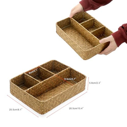 BTSKY Desk Drawer Organizer Tray, Coffee Station Organizer Tea Bag Organizer, Woven Seagrass Storage Basket with 4 Divided Sections Handwoven Wicker Storage Basket for Shelves, Pantry, Coffee Bar