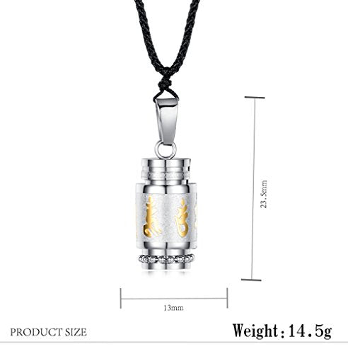 Men's Stainless Steel Open Lucky Buddha Mantra Pendant Necklace Bottle Container Memorial with Braided Rope - color: Mantra - Silver (big)