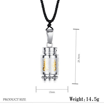 Men's Stainless Steel Open Lucky Buddha Mantra Pendant Necklace Bottle Container Memorial with Braided Rope - color: Mantra - Silver (big)