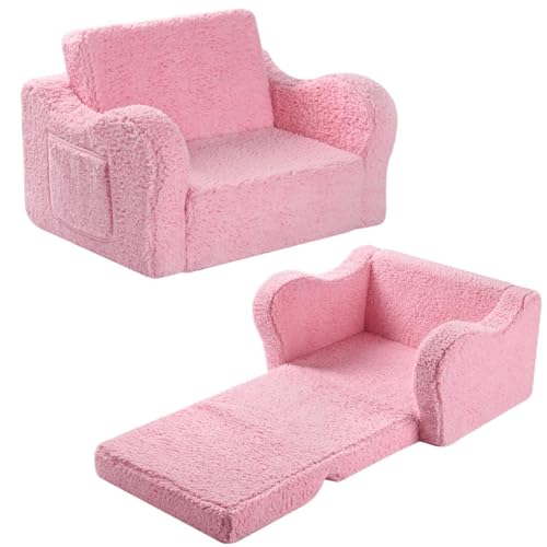 MOMCAYWEX Kids Sofa, 2-in-1 Flip-Out Foam Couch with Soft Sherpa Cover, Cozy Play Lounge Chair, Pink - color: Pink, size: Medium