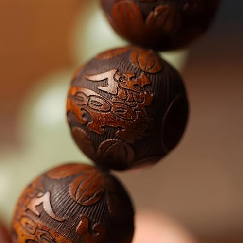 Pear Wood Buddha Beads Mala Bracelet Hand Carved Wooden Beads with Luminous Jade Lucky Charms Wealth Attracting Buddhist Prayer Bracelet for Men and Women Healing Energy Running Ring