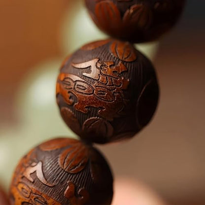 Pear Wood Buddha Beads Mala Bracelet Hand Carved Wooden Beads with Luminous Jade Lucky Charms Wealth Attracting Buddhist Prayer Bracelet for Men and Women Healing Energy Running Ring