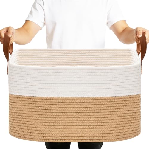 BOLDMONKEY 72L Laundry Basket with Leather Handles,Woven Cotton Rope Blanket Basket,Toy Bin for Baby Room,Laundry Hampers for Bedroom, Living Room,Bathroom,22"x17"x11.8" Khaki - color: Khaki, size: 72L