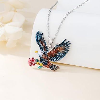 Hummingbird/Phoenix/Owl/Dove/Flamingo/Raven/Blue Jay/Cardinal/Peacock/Eagle/Parrot/Robin Necklace for Women 925 Sterling Silver Bird Pendant Necklace Animal Jewelry Gift for Mother Wife - style: Eagle Necklace with Flower