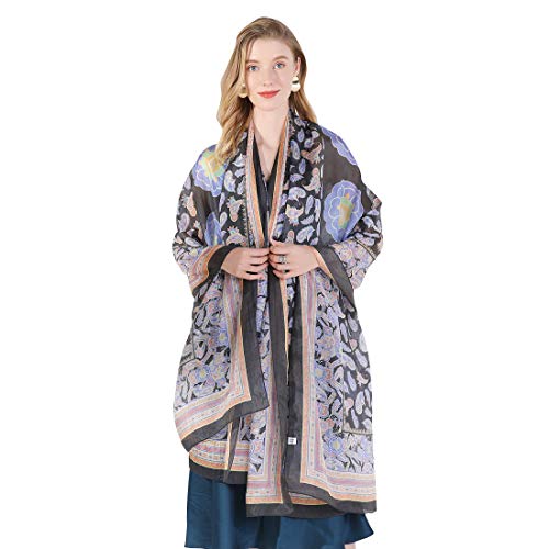 100% Mulberry Extra Large Silk Pashmina Scarf Shawls And Wraps For Women Evening Dress Summer Travel Floral Blanket - color: 77 Black&pink