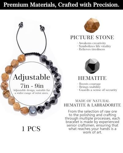 Beaded Bracelet for Men, 10mm Natural Stones Bracelet for Men's Gift, Adjustable Precision-Cut Gemstone Crystal Healing Bracelet, Protection Jewelry Gift with Hematite, Tiger Eye - style: Picture Stone & Hematite