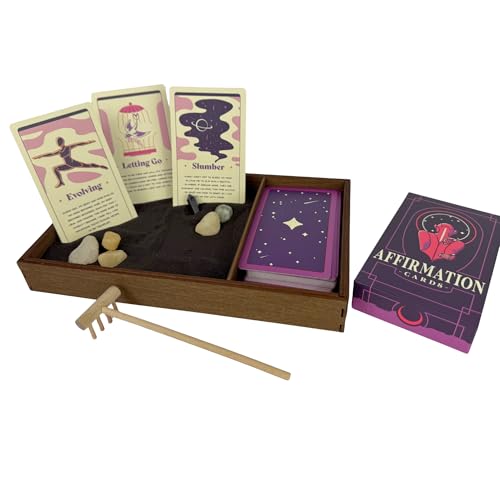 Wooden Zen Garden with Daily Affirmation Cards for Women and Men | Midnight Purple Sand with Rake & Amethyst Wand | Affirmations for Mindfulness, Meditation, and Inspiration | Beautiful 52 Card Deck - color: Midnight Purple, size: Affirmation Cards