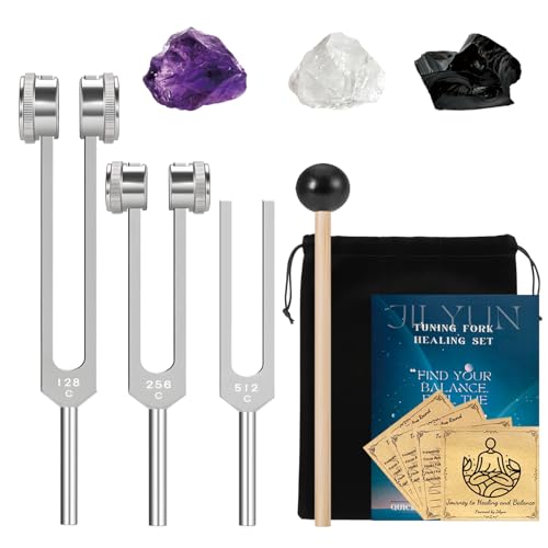 Tuning Forks for Healing Set (128Hz, 256Hz, 512Hz), Weighted & Unweighted Tuning Forks for Sound Healing with a Rubber Mallet and 3 Crystals, Healing Gifts for Women & Men - color: Silvery