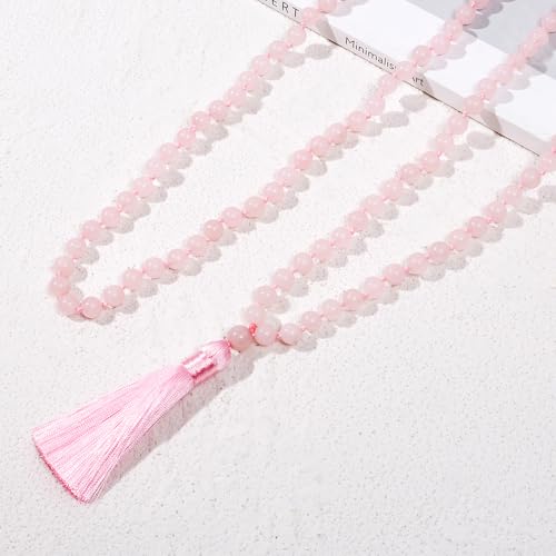 8mm Natural Stone 108 Mala Beads Necklace for Men and Women - color: Rose Quartz