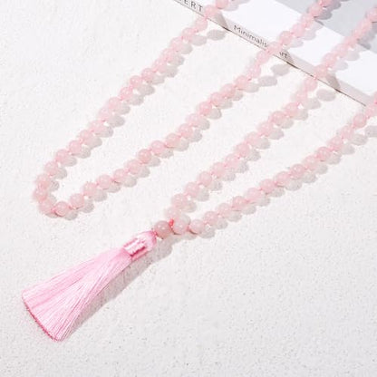 8mm Natural Stone 108 Mala Beads Necklace for Men and Women - color: Rose Quartz