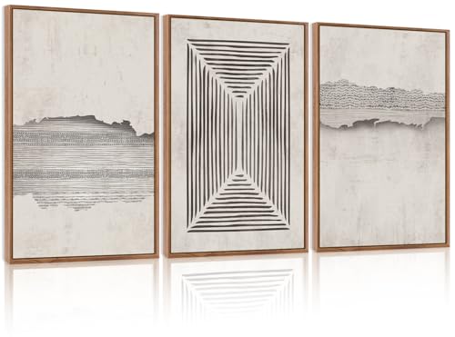 CHDITB Abstract Modern Framed Canvas Wall Art Set, Geometric Line Textured Wall Decor, Minimalist Neutral Wall Painting, Beige Black Art Prints for Living Room, Bedroom, Office - Large Size 16"x24"x3 - color: Abstract Line, size: 16"L x 24"W