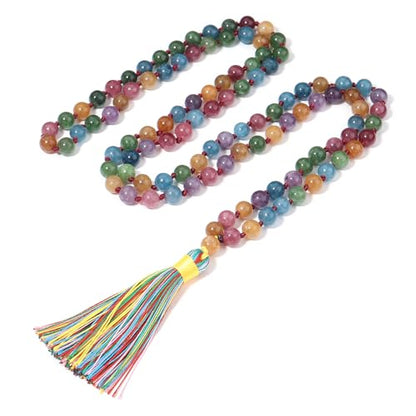 8MM Beads Chakra Long Mala Necklace Natural Stone Meditation Statement Necklace Japa Yoga Buddhist Rosary Prayer Charm Beaded Tassel Necklace - color: Tourmaline