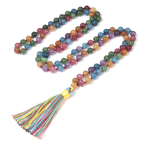 8MM Beads Chakra Long Mala Necklace Natural Stone Meditation Statement Necklace Japa Yoga Buddhist Rosary Prayer Charm Beaded Tassel Necklace - color: Tourmaline