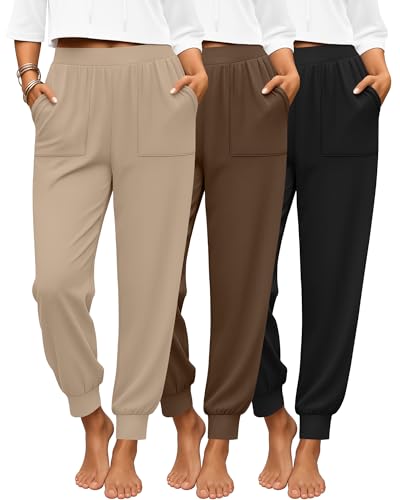 3 Pack Women's Lounge Pants Yoga High Waist Sweatpants Workout Lightweight Casual Joggers Comfy Pajama with Pockets - color: Black, Brown, Khaki, size: Large