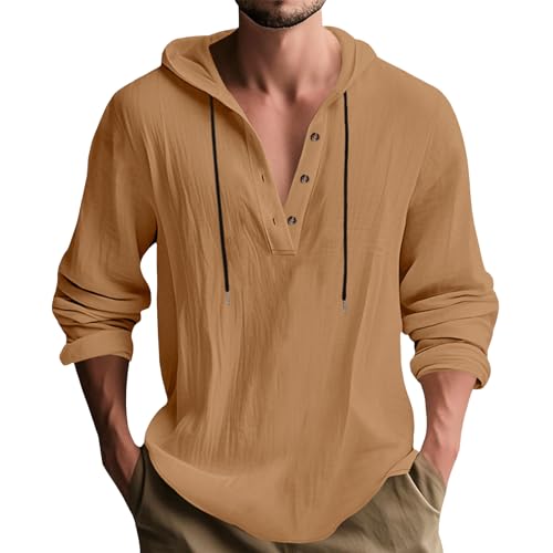 Hoodie Shirts for Men Business Pullover Drawstring Plus Size Button Down Beach Workout Casual Hippie Summer Tops - color: Earth Yellow, size: Medium