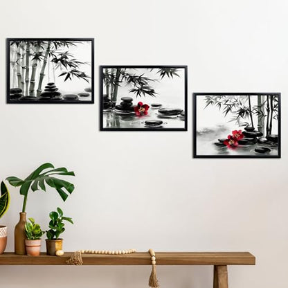 Biuteawal 3 Panels Zen Wall Art Black and White Bathroom Decor Zen Stone with Bamboo Picture Print Peaceful Artwork Painting Spa Living Room Kitchen Bedroom Framed